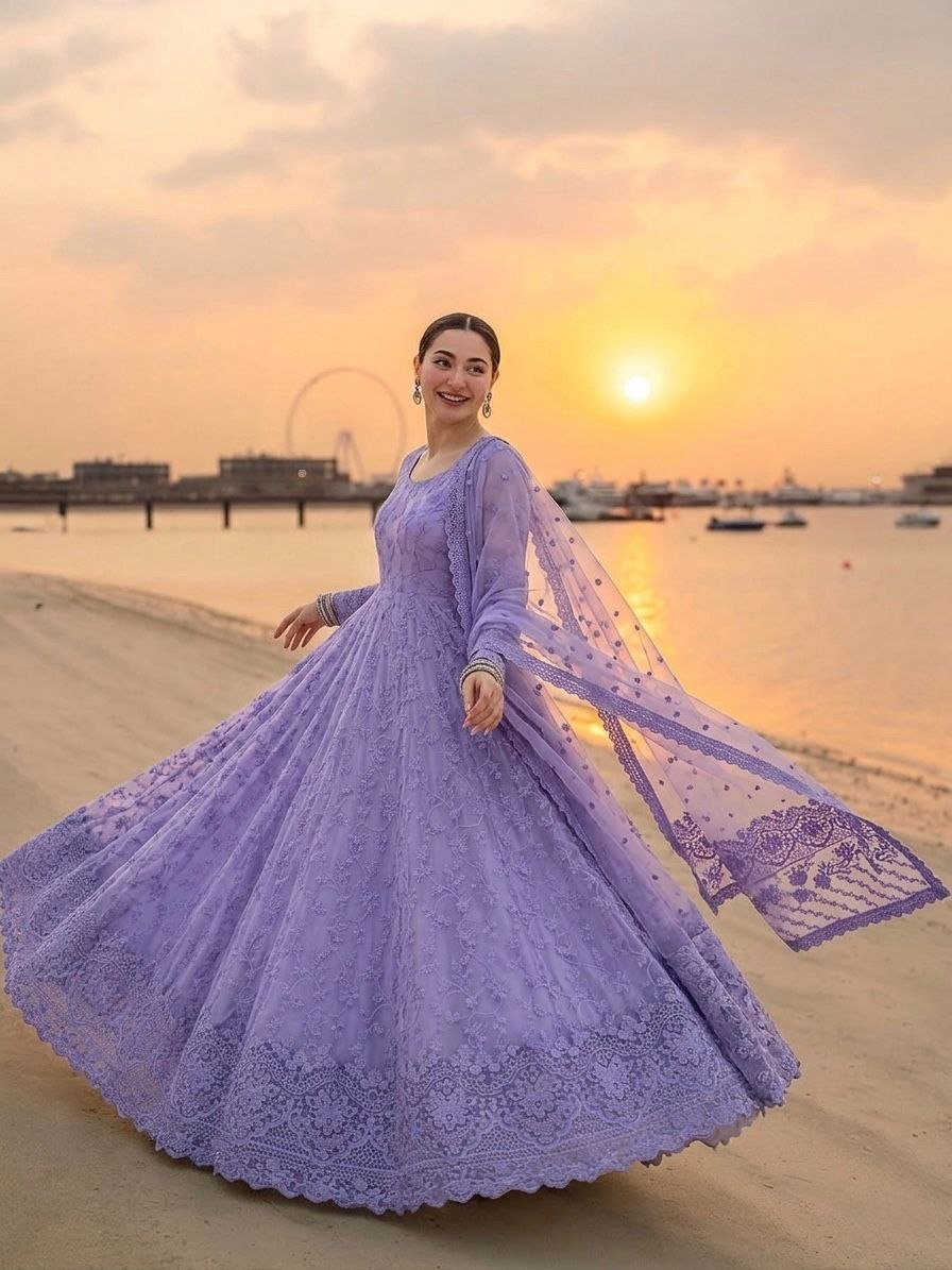 Presenting embroidery organza silk cotton purple gown