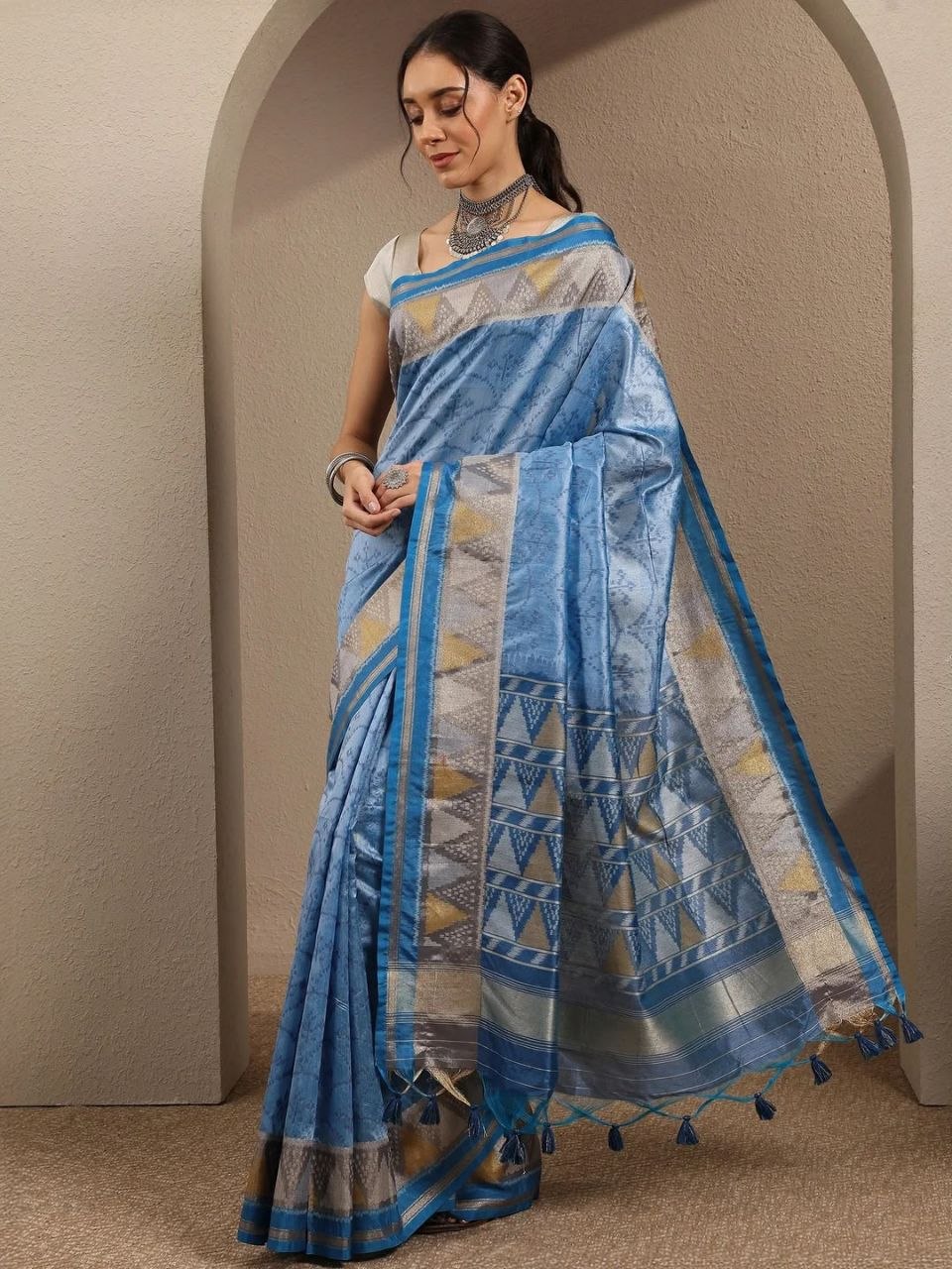 Exclusive weaving tussar patola silk blue saree