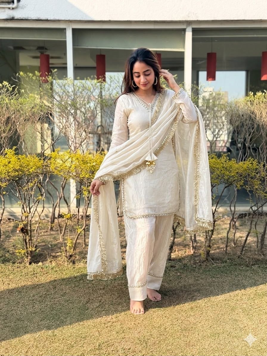 Elegant fendi satin silk cream top bottom dupatta