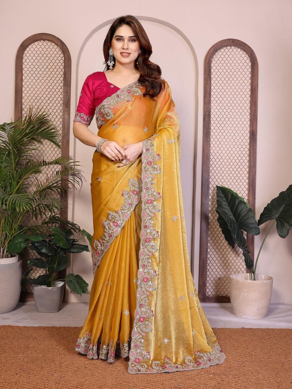 Traditional embroidery chinnon silk yellow saree