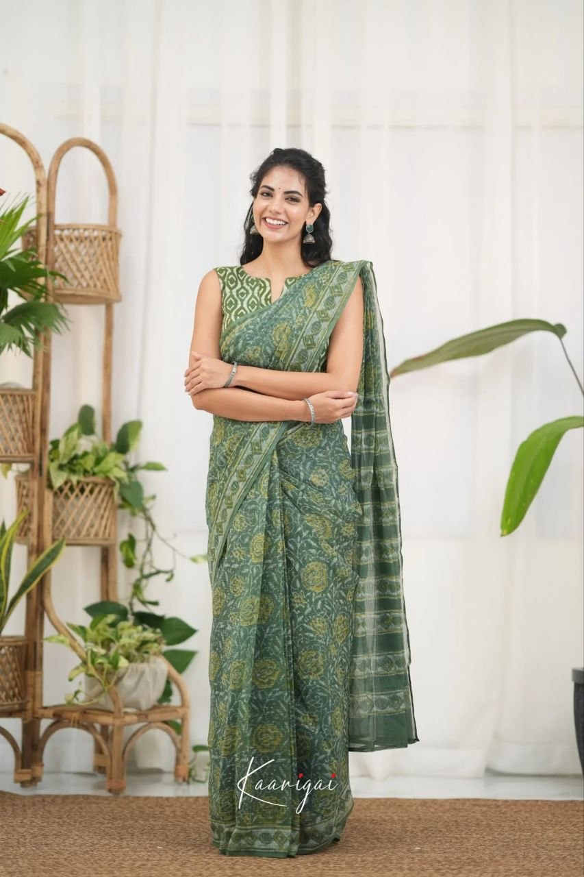 Traditional digital print kota doriya green saree
