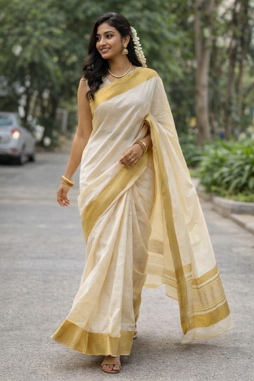 Gorgeous weaving zari tussar silk cream saree