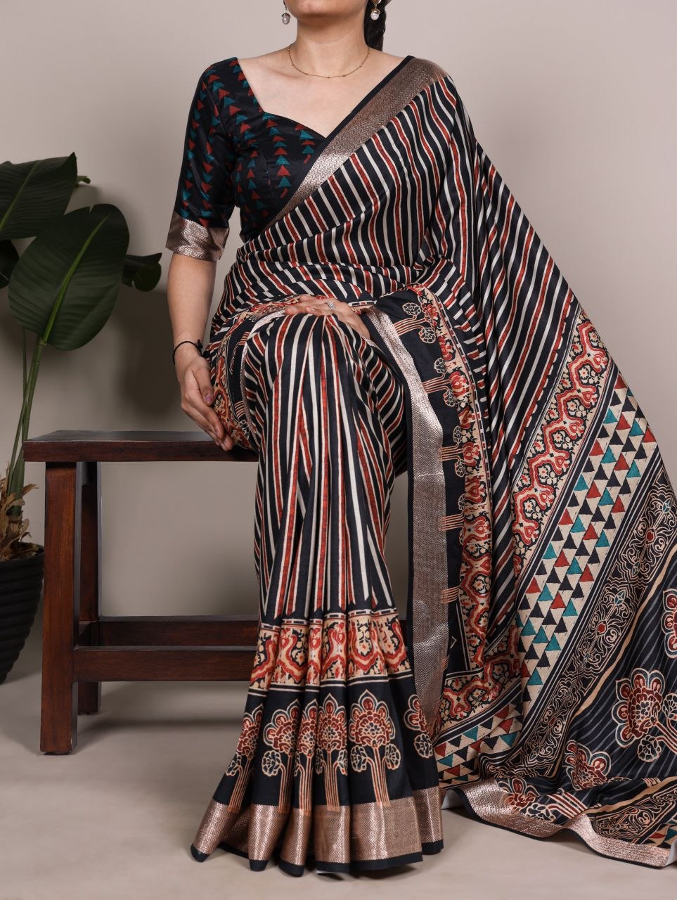 Gorgeous printed tussar silk viscose black saree