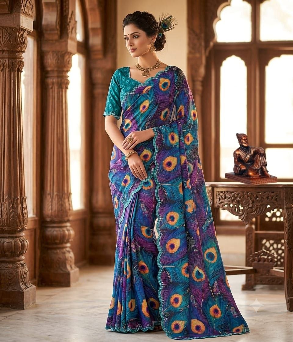 Morepankh digital print georgette blue saree