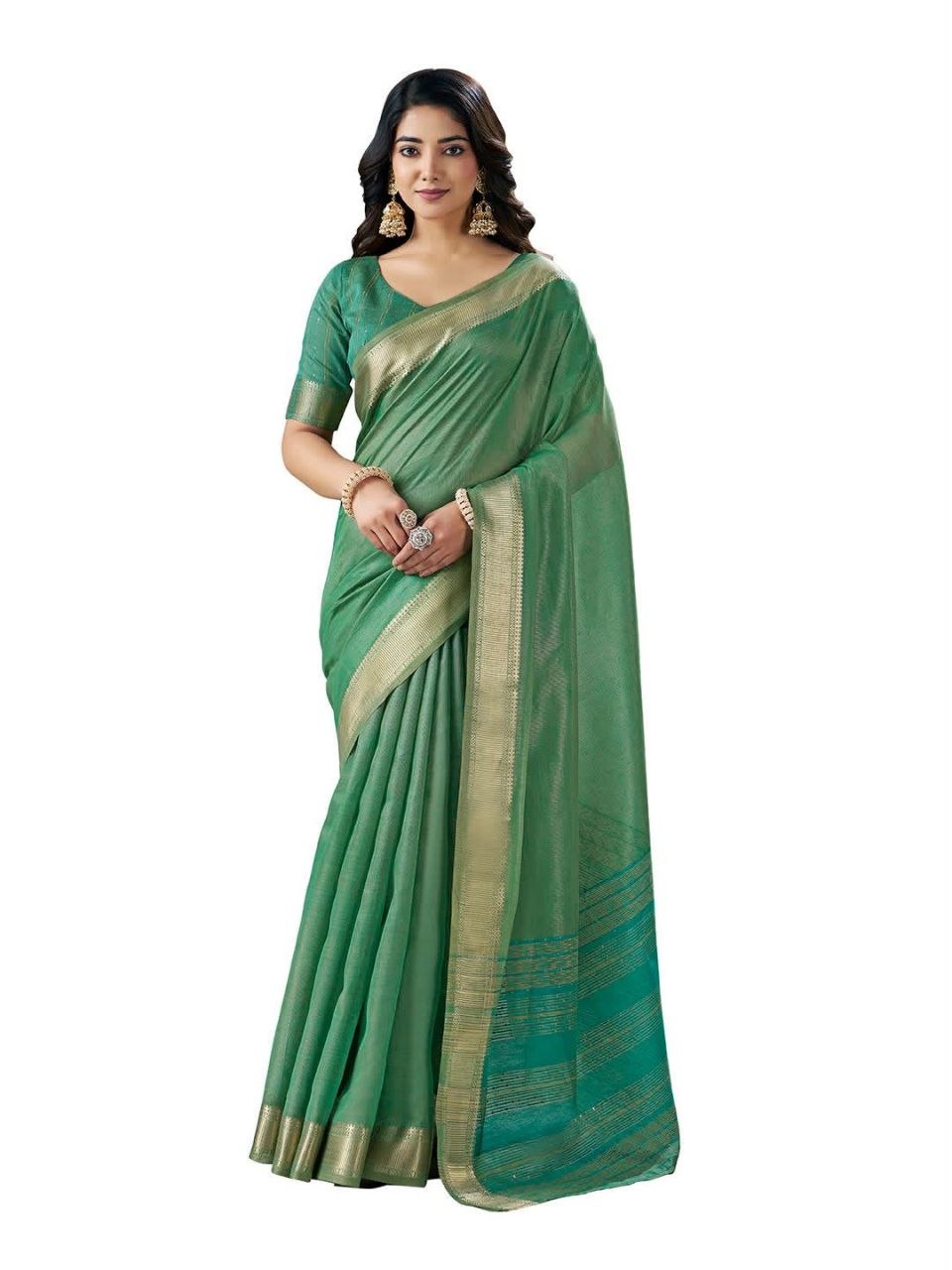 Gorgeous weaving zari linen cotton green saree
