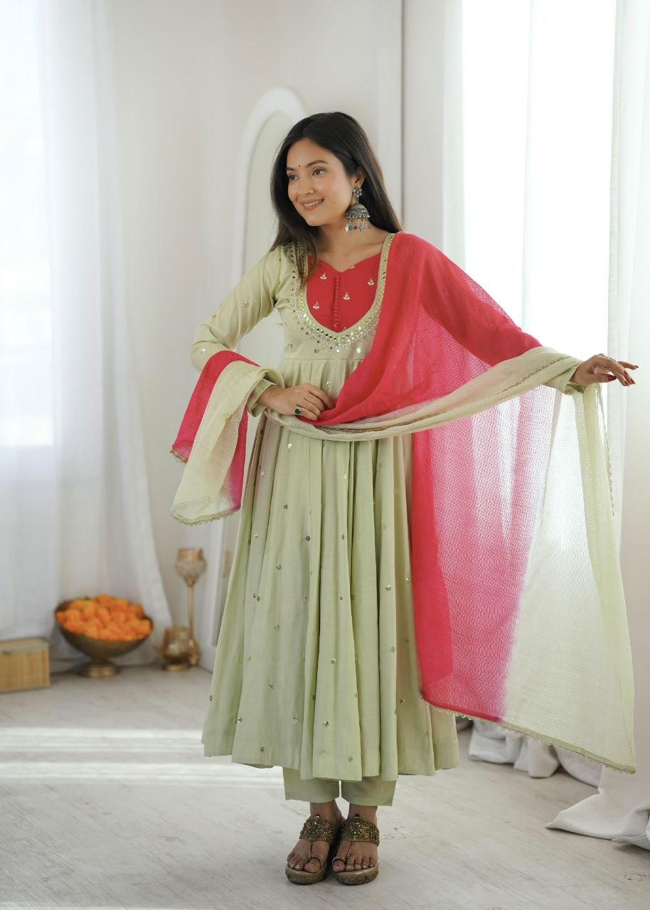 Modeling embroidery sequence roman silk pista anarkali suit
