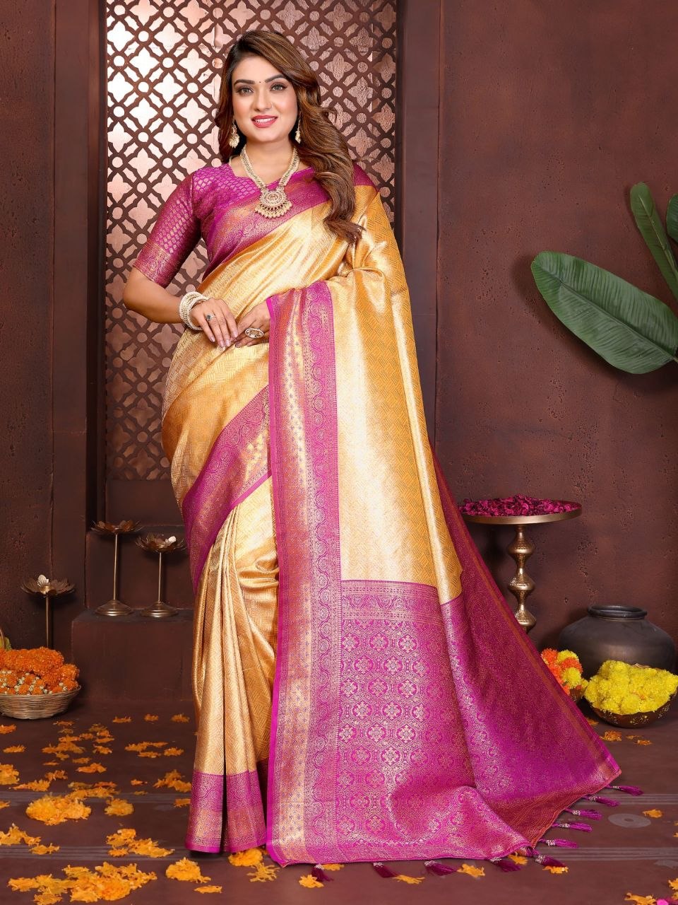 Presenting banarasi tussar silk pink saree