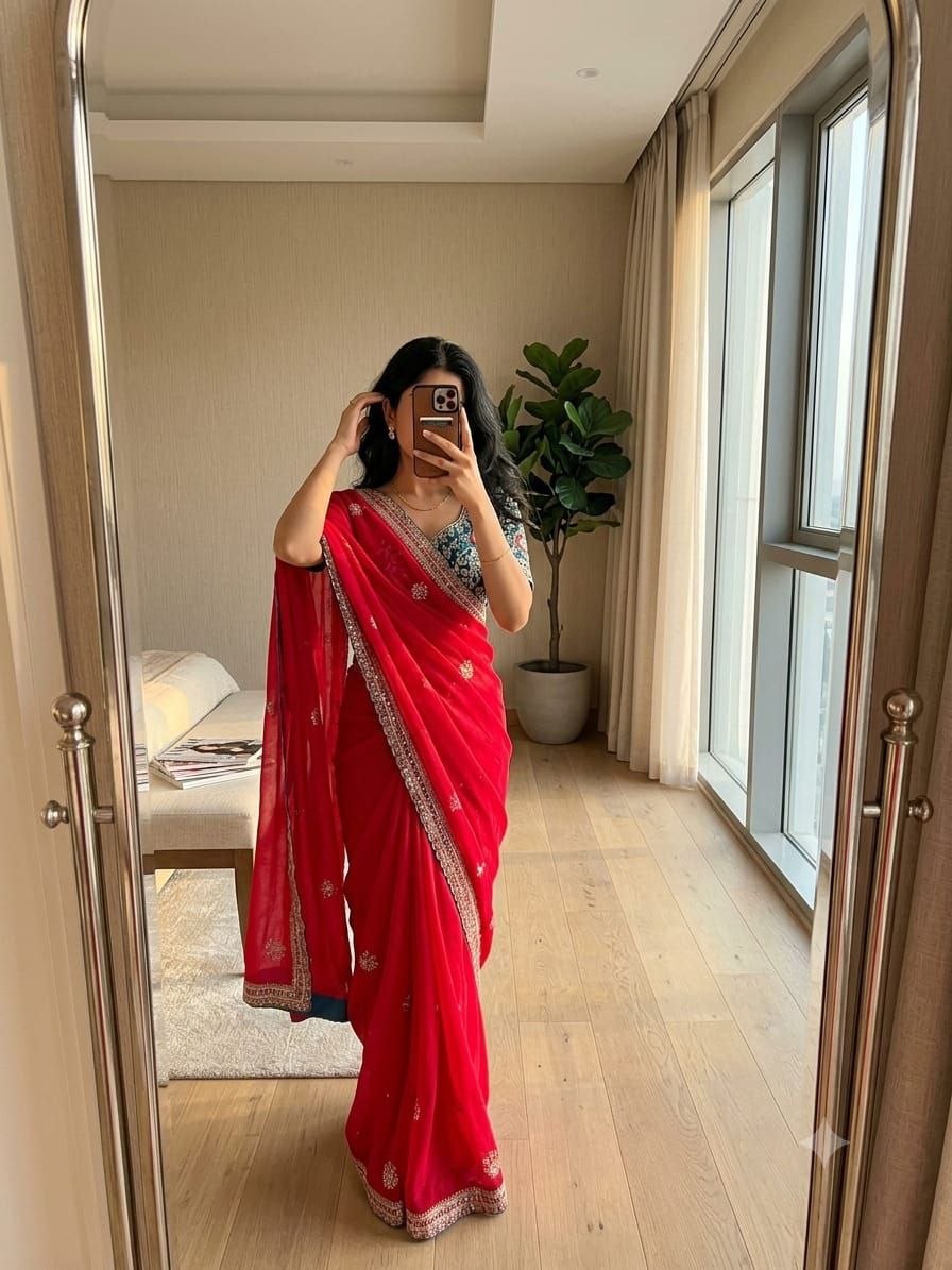Ethnic embroidery sequence fendy satin red saree