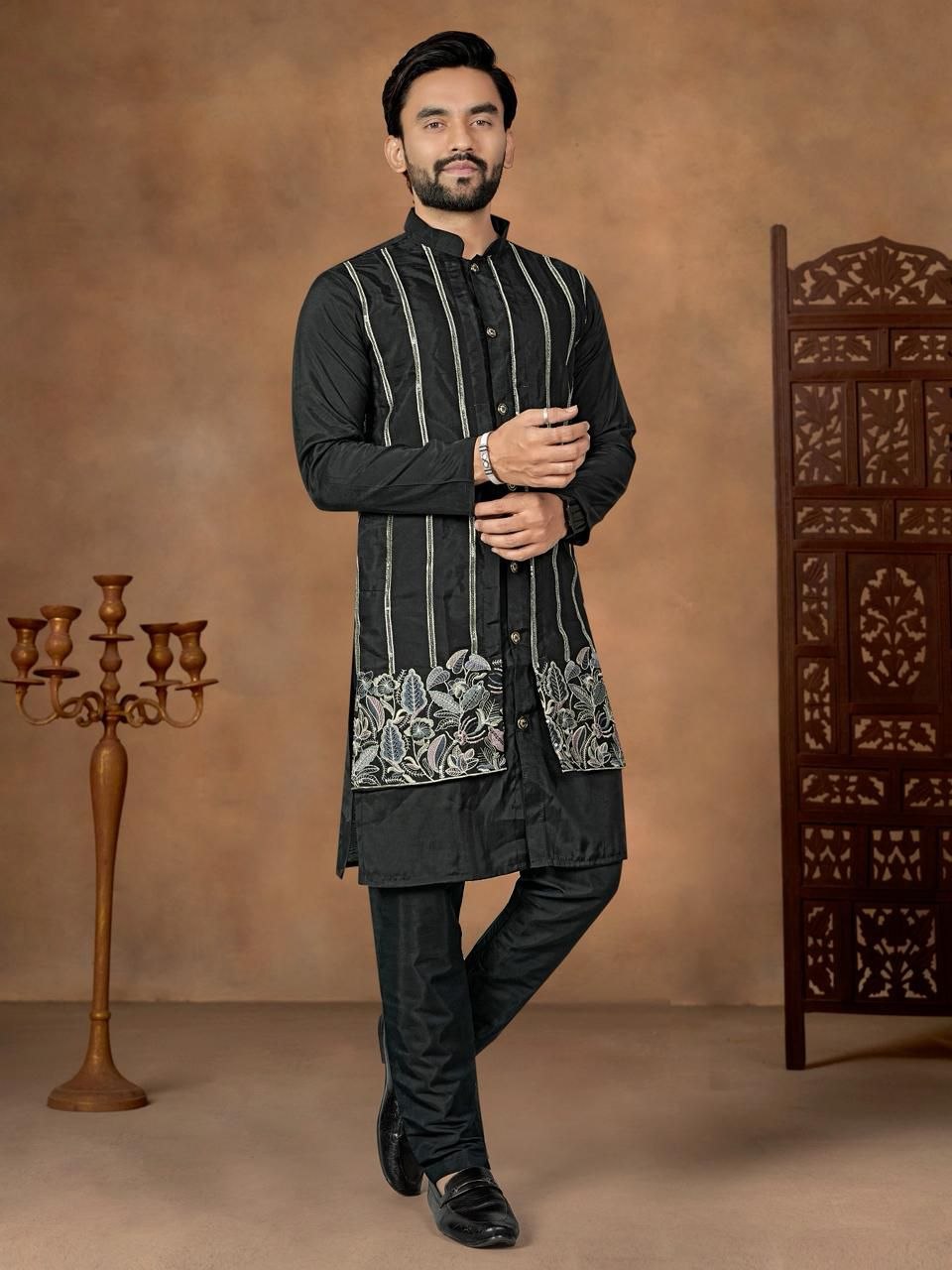 Excellent embroidery silk black kurta pajama