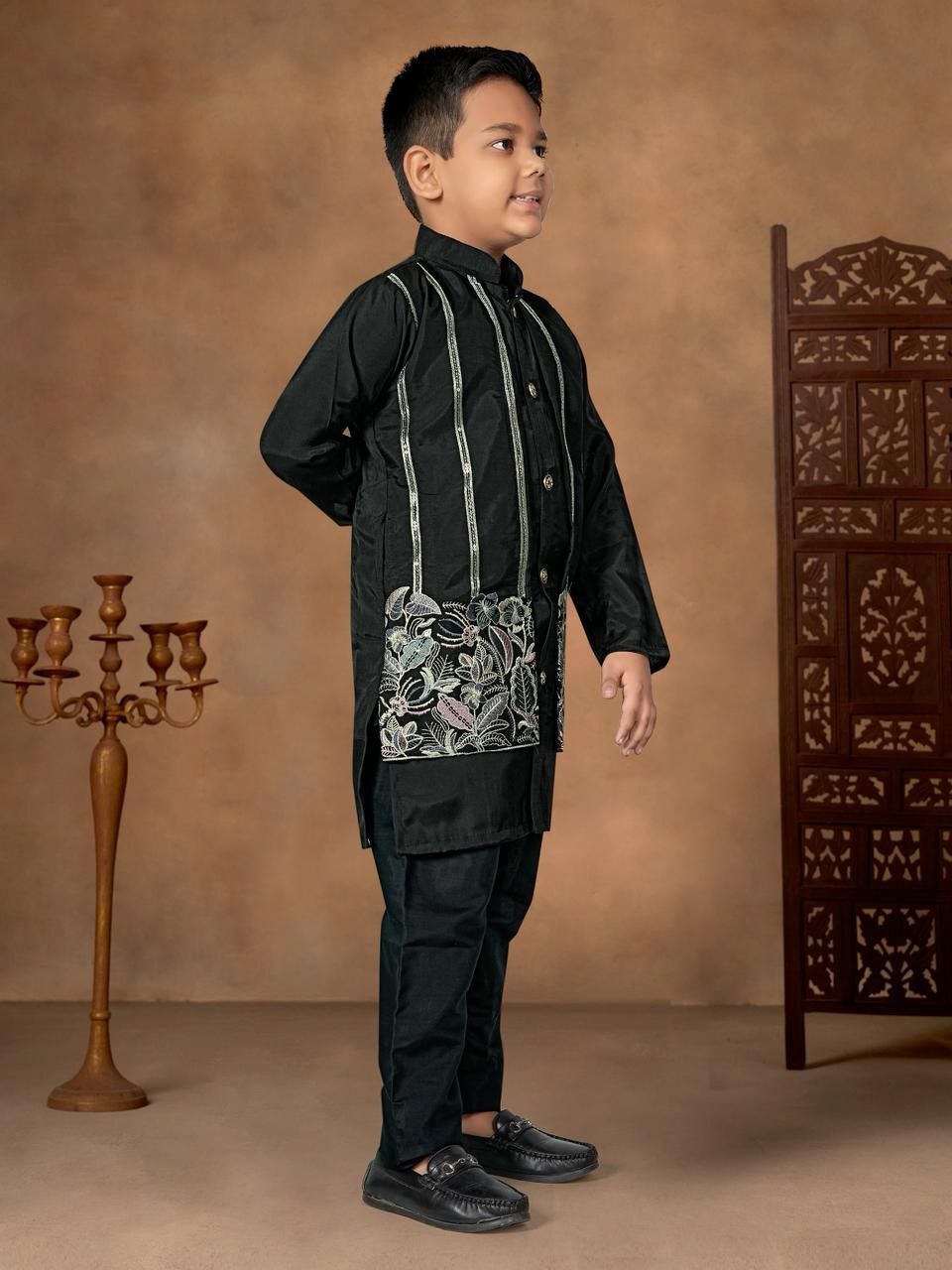 Presenting embroidery silk black kurta pajama
