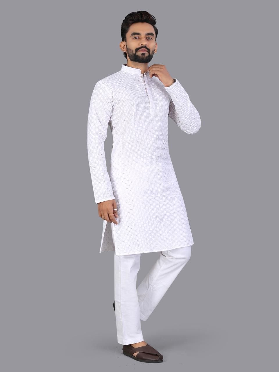 Exclusive embroidery cotton white kurta pajama