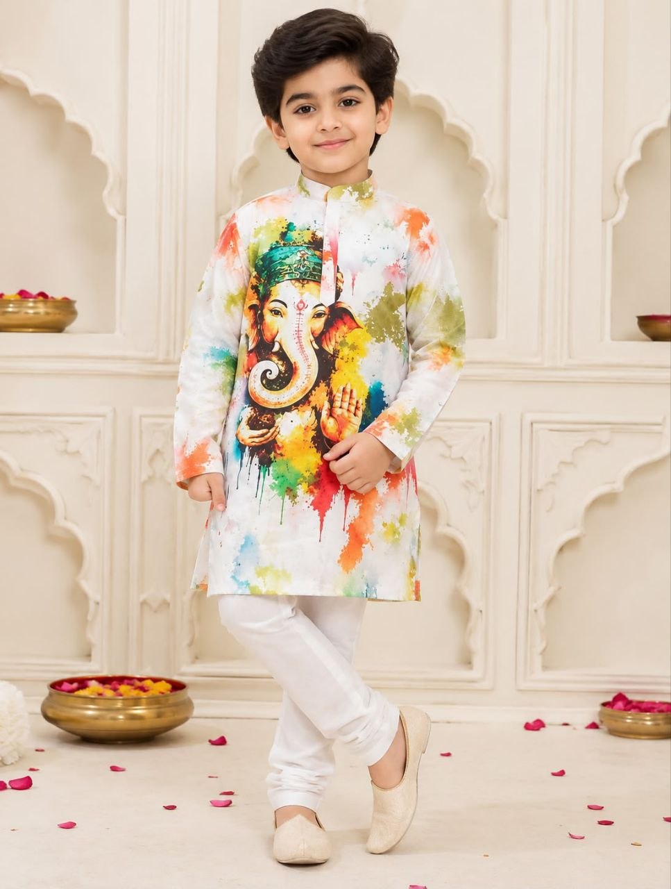 Ganesha printed cotton white kurta pajama