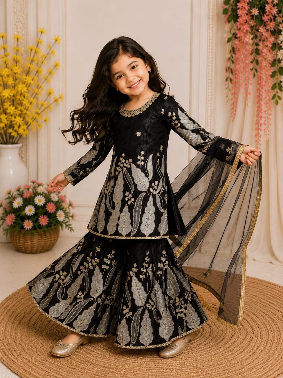Looking embroidery sequence silk black palazzo suit