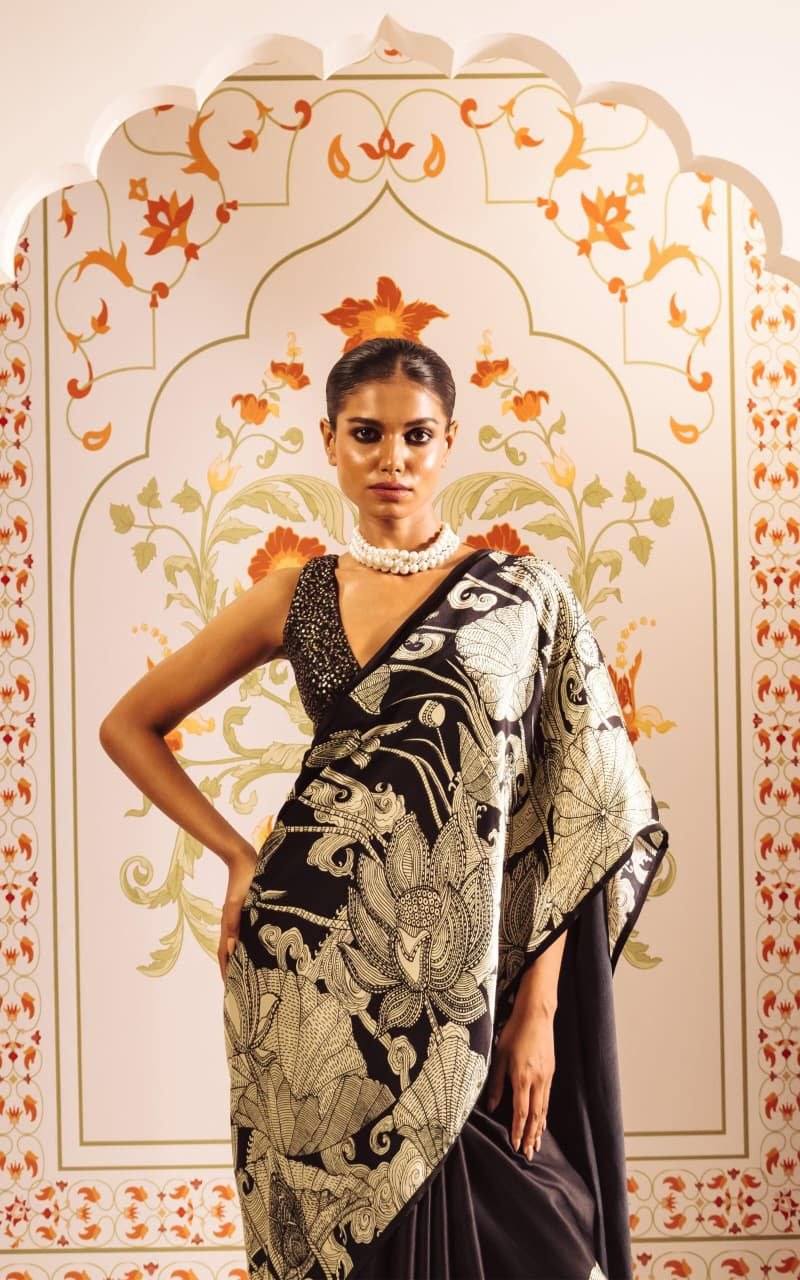 Presenting digit print original japan satin black saree