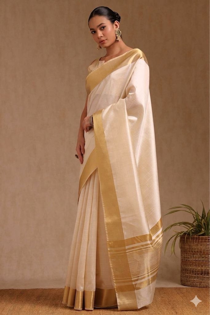 Designation solid pattern tussar silk chiku saree
