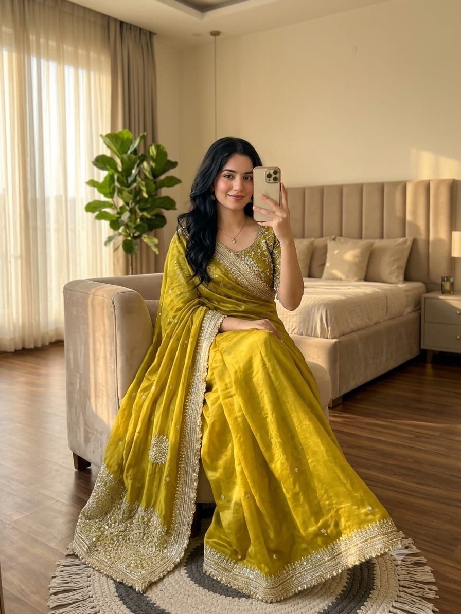Premium embroidery sequence silk yellow saree