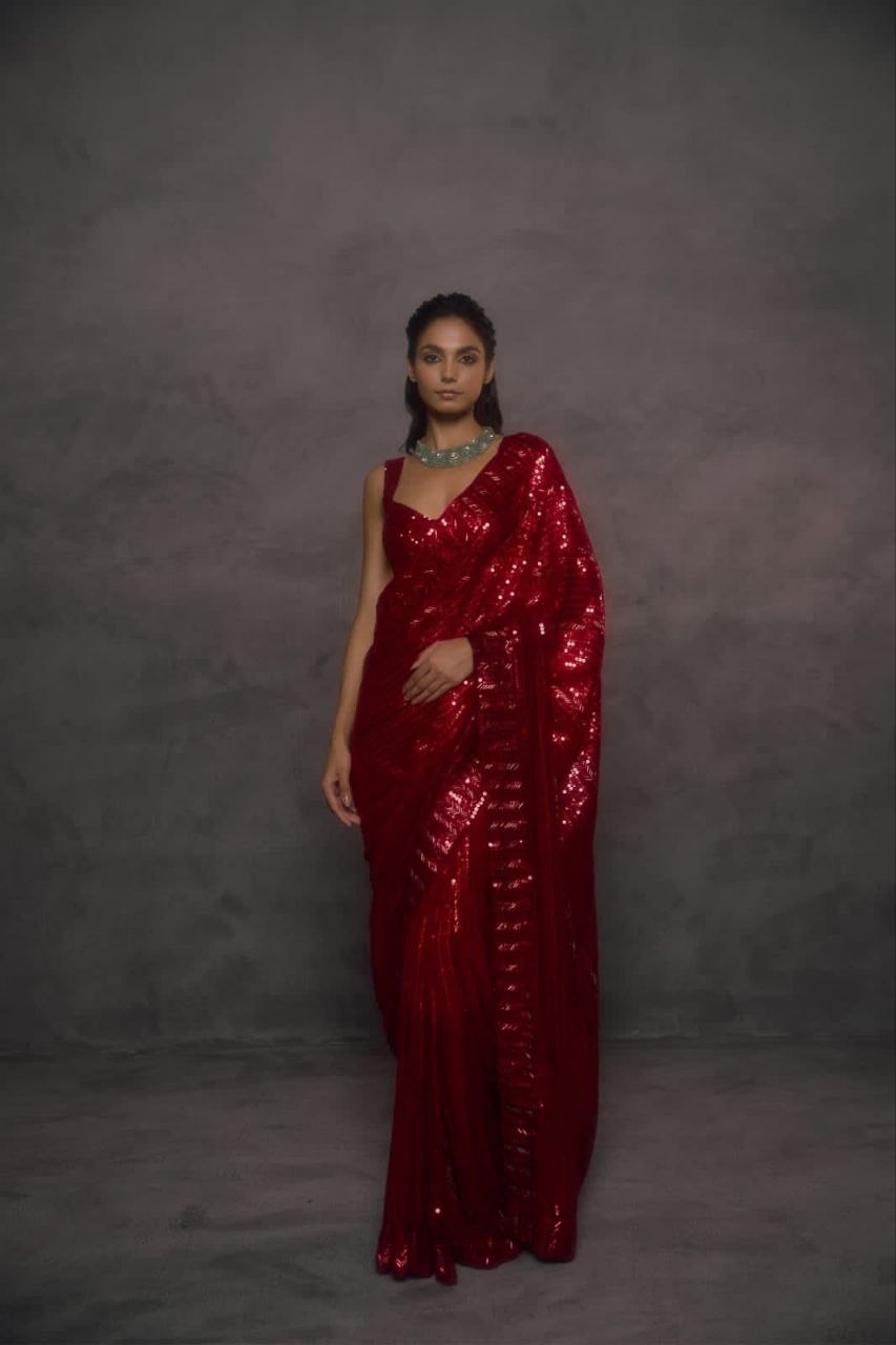 Exclusive star embroidery sequence faux georgette red saree
