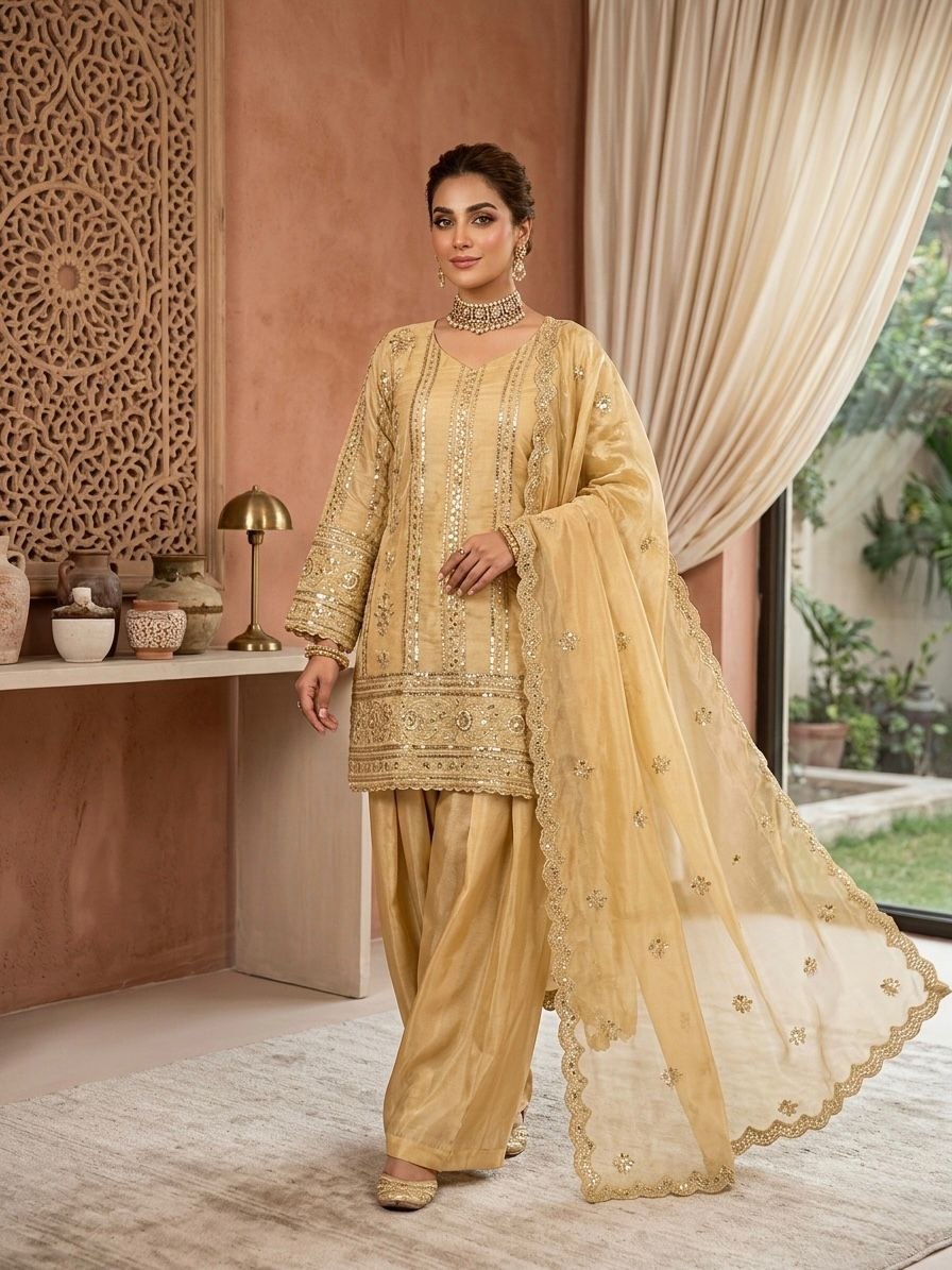 Elegant jinc silk yellow palazzo suit