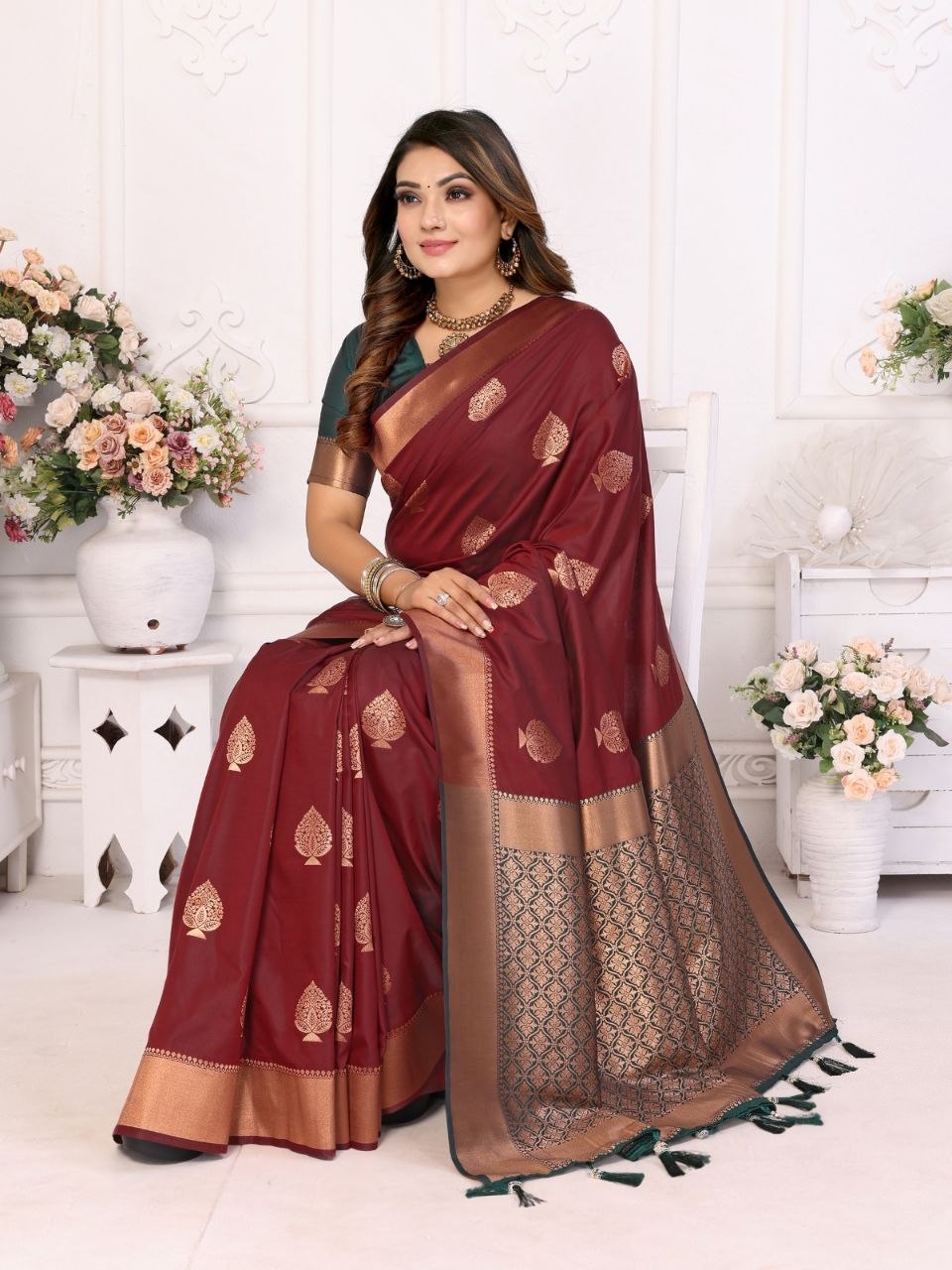 Presenting woven butta soft silk wine saree