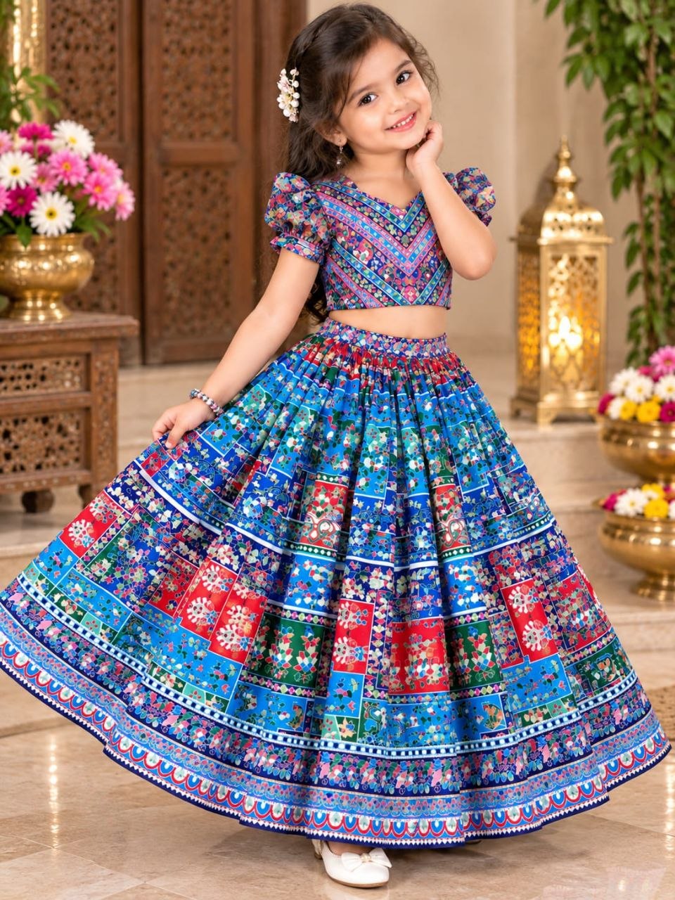 Present digital print chinnon silk blue lehenga choli