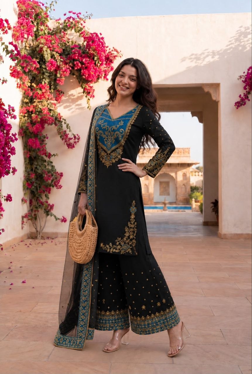 Traditional embroidery sequence maska cotton black top palazzo duppta