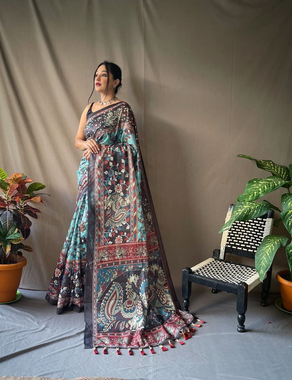 Launching kalam kari college teal saree