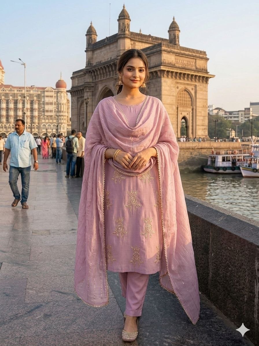 Summer embroidery sequence chinnon pink kurti pant dupatta