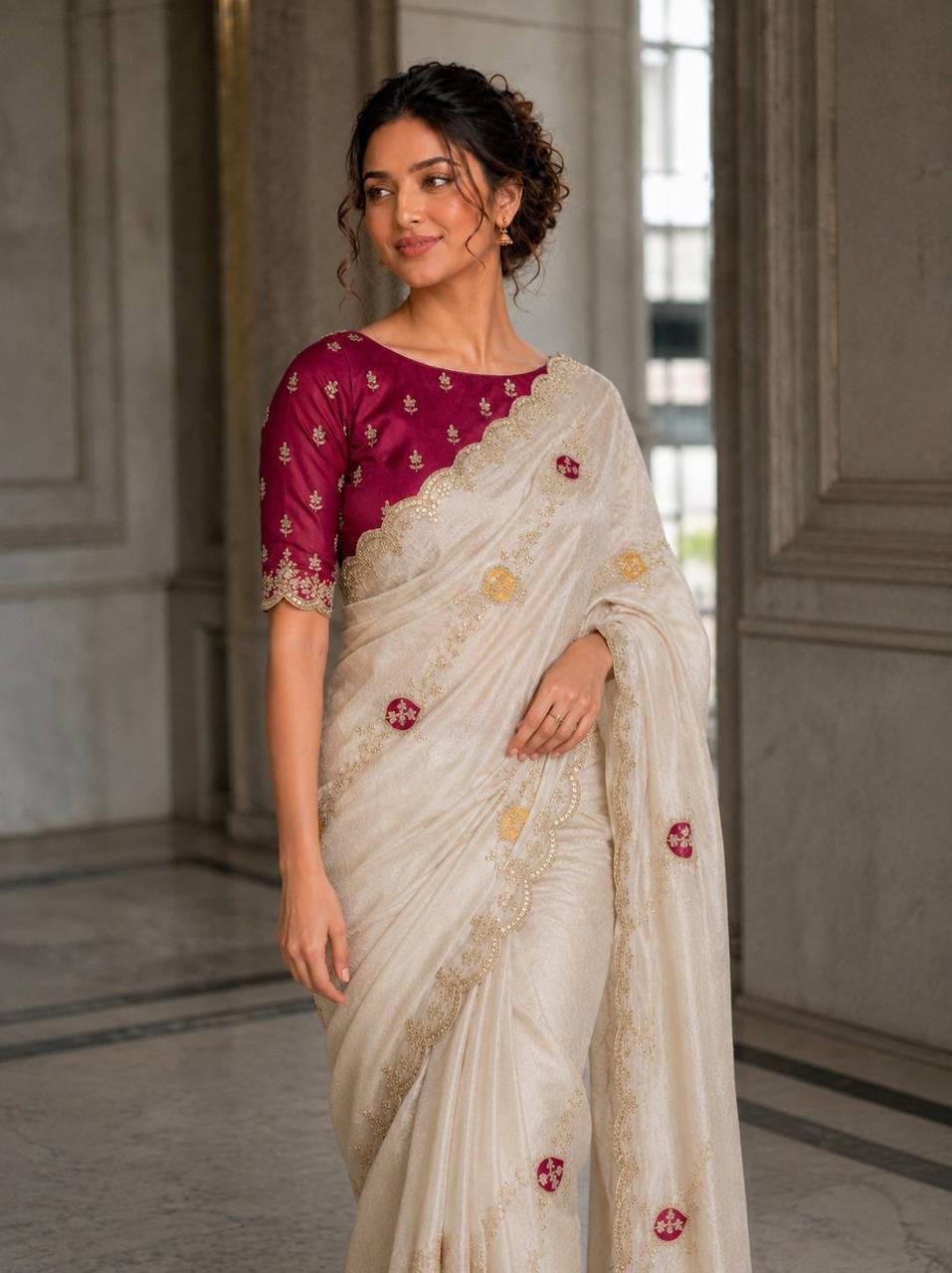 Availability embroidery fendy satin silk white saree