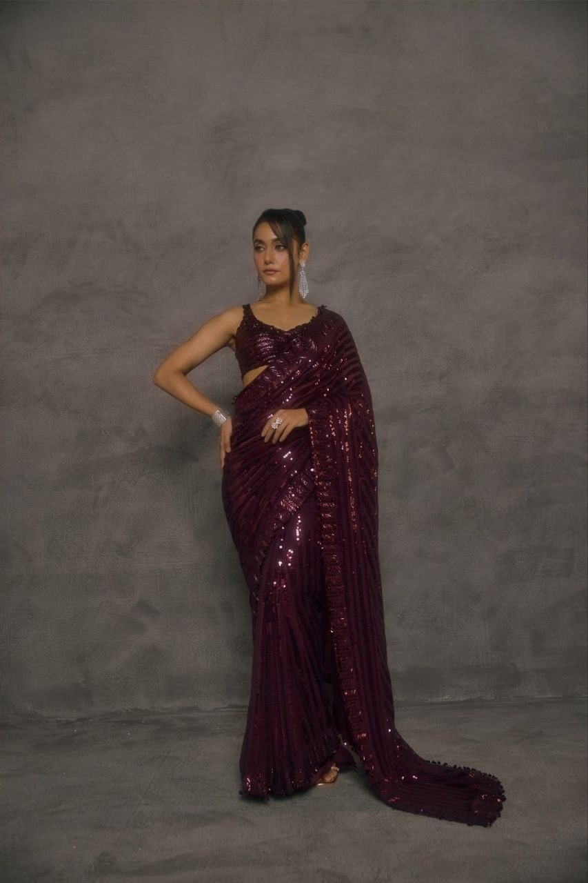 Bollywood embroidery sequence lace faux georgette wine saree