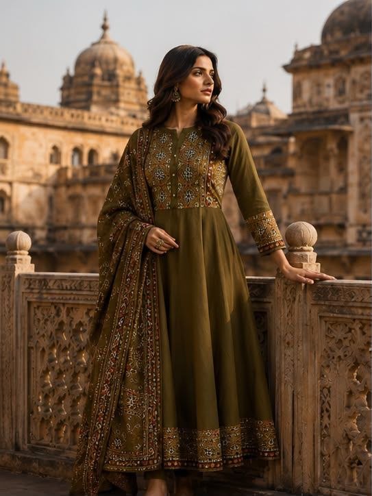 Elegant printed solid cotton mehendi anarkali suit