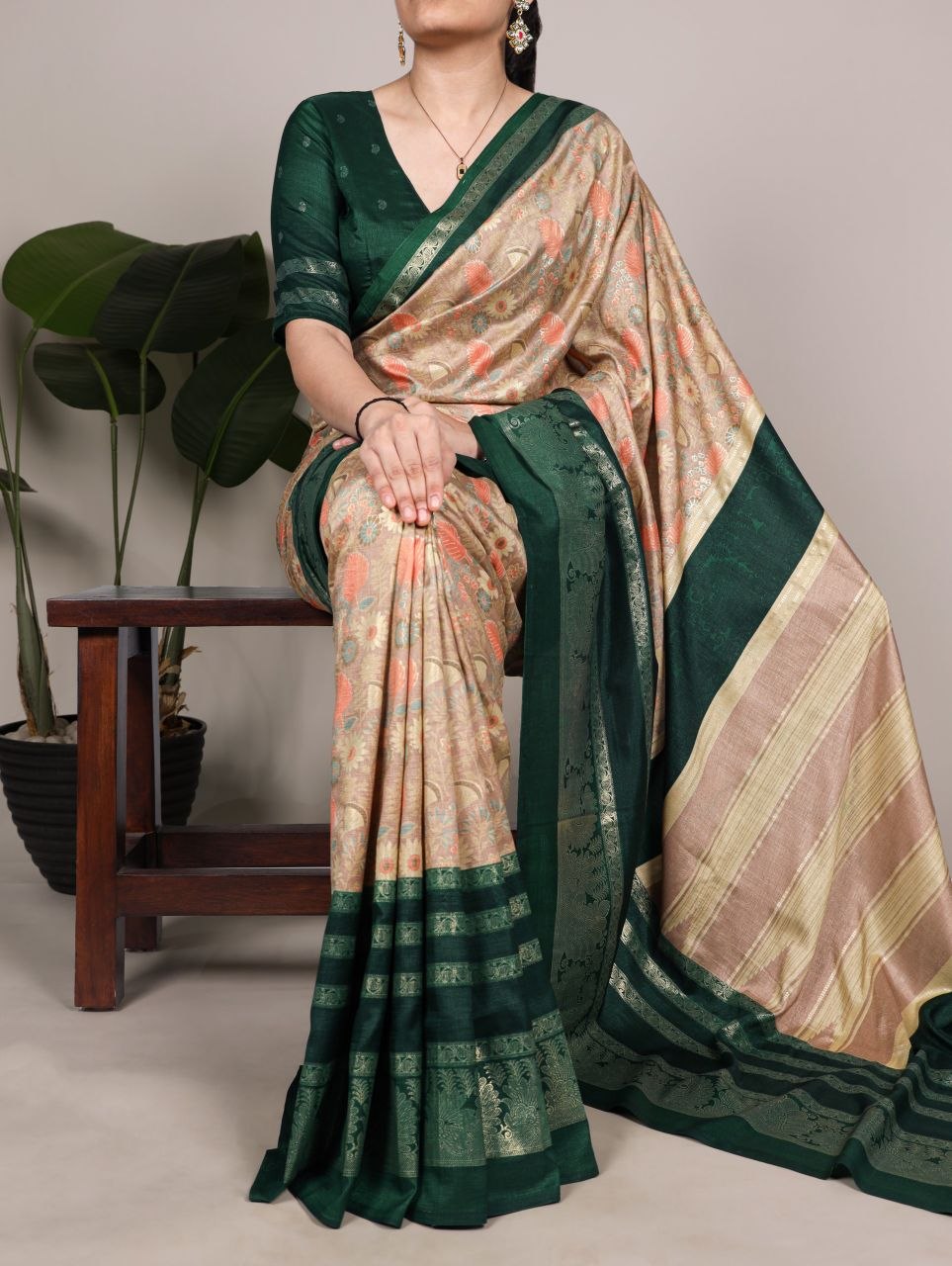 Always floral print silk green saree