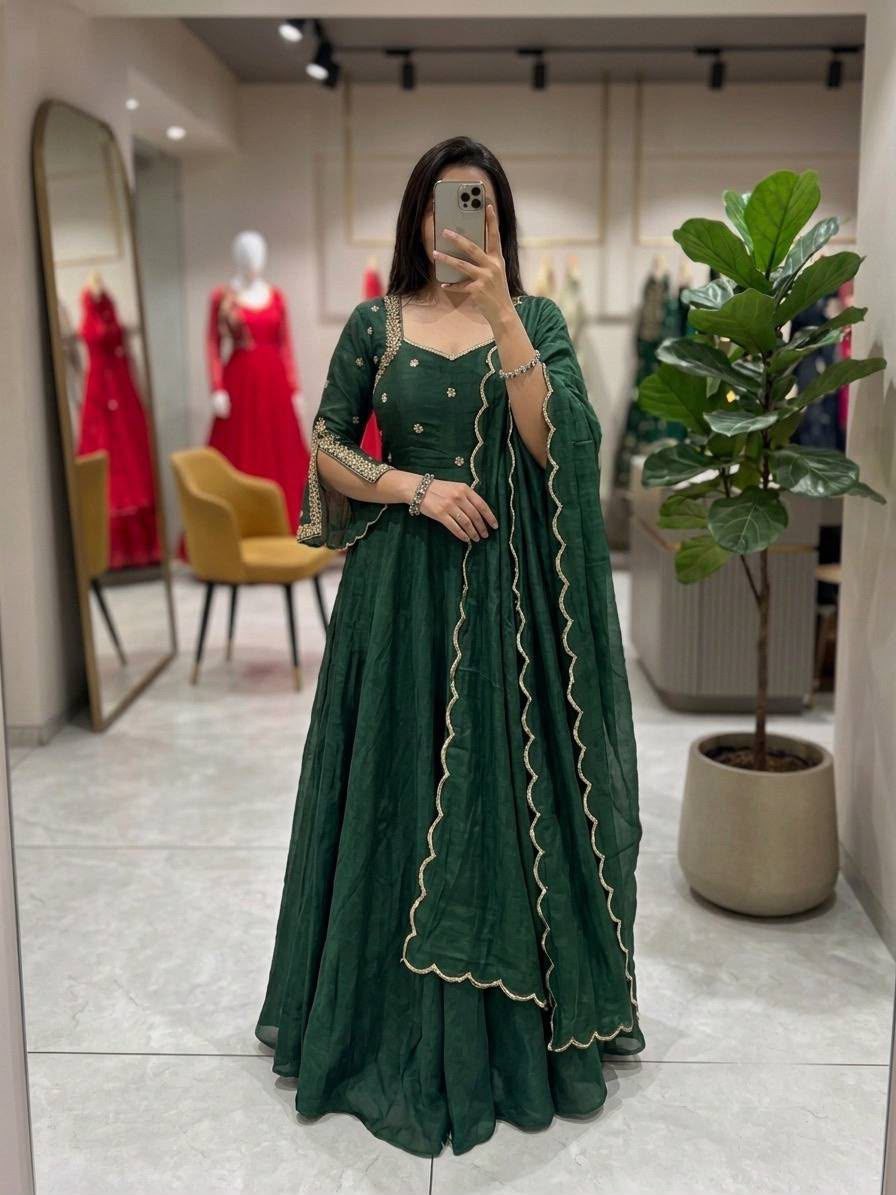 Weaving sparking georgette green anarkali suit