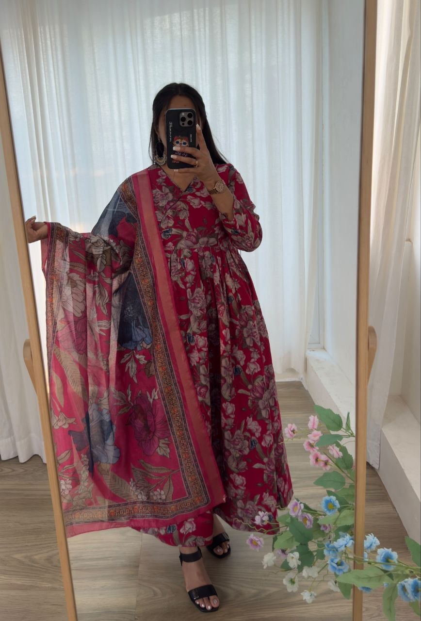 Photography simmar golden zari silk red anarkali suit
