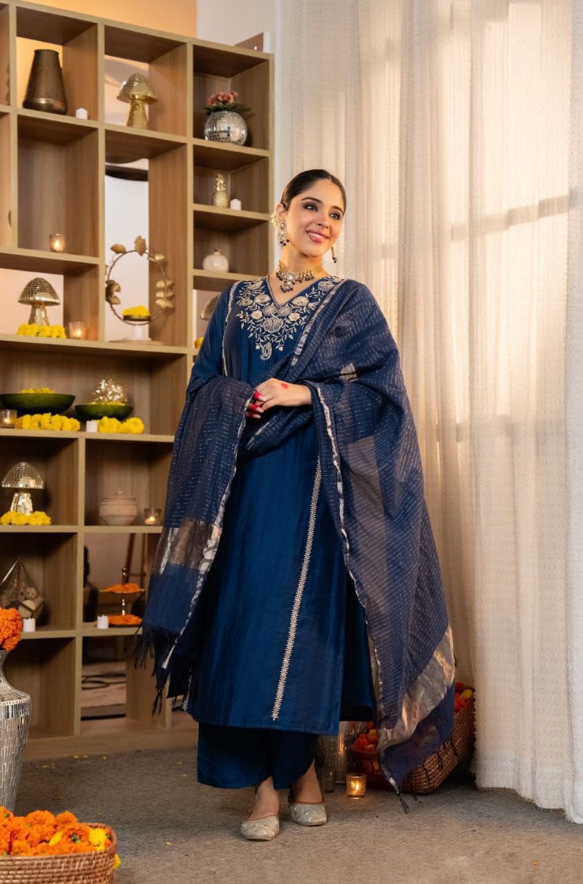 Presenting embroidery zari satori silk blue palazzo suit