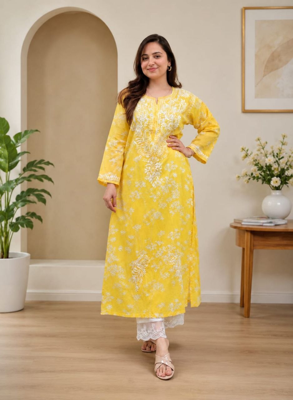 Collection lace polly chikankari cotton yellow kurta pant
