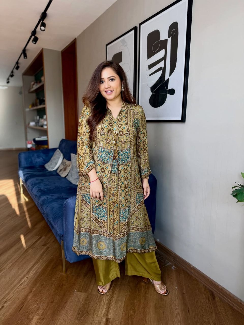 Quality ajrakh print mirror maharaja silky cotton mehendi dress