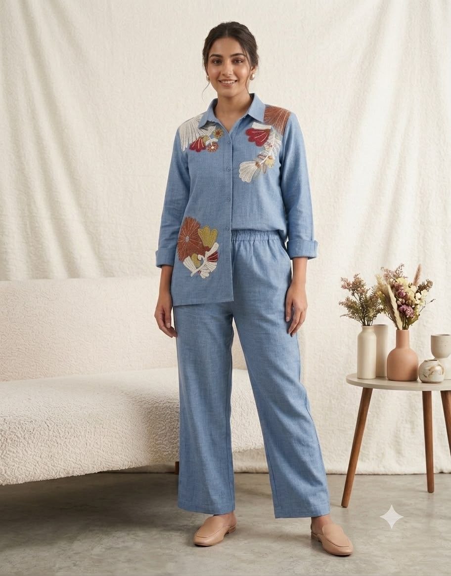Season embroidery sequence denim cotton blue cord set