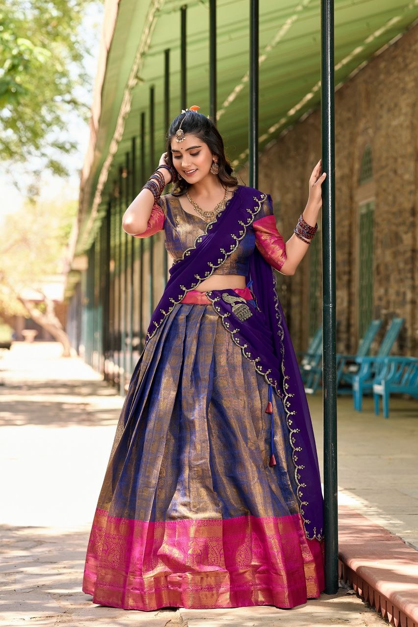 Experience zari weaving kanjivaram silk purple lehenga choli