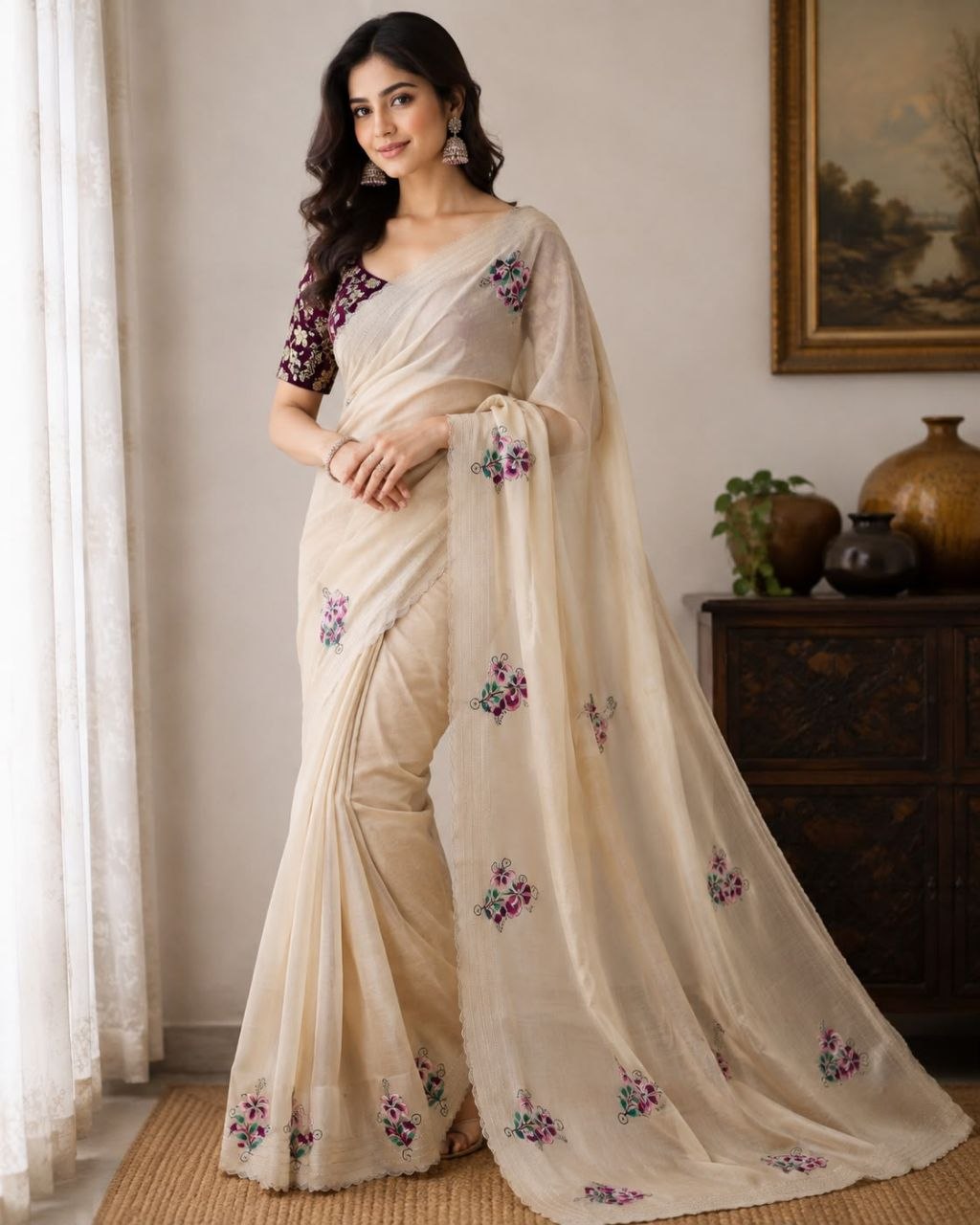 Present jarkhan diamond vichitra silk arco georgette chiku saree