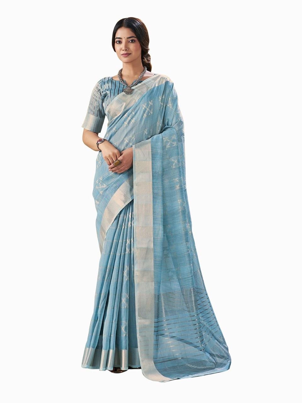 Superb weaving zari linen cotton blue saree