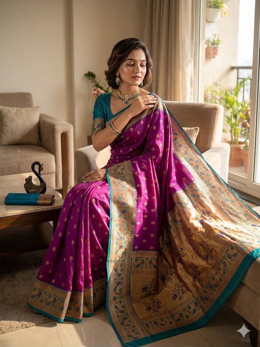 Approximately weaving zari pathani silk purple saree