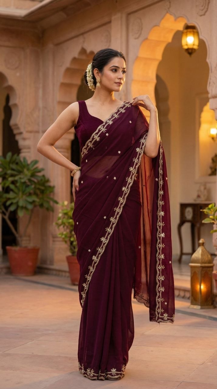 Launching dena handwork soft candy satin wine saree