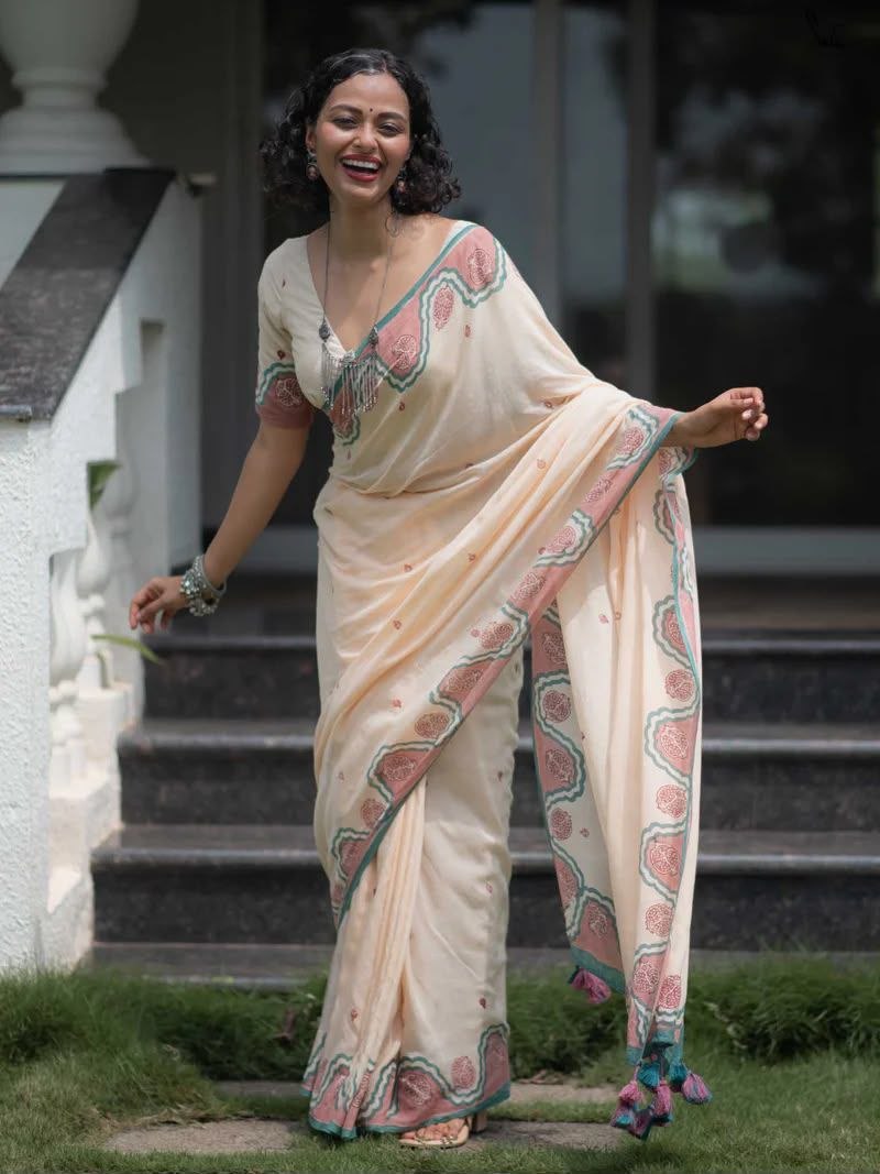 Introducing digital print linen white saree