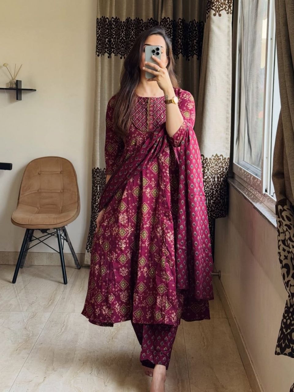 Straight printed cotton wine anarkali suit