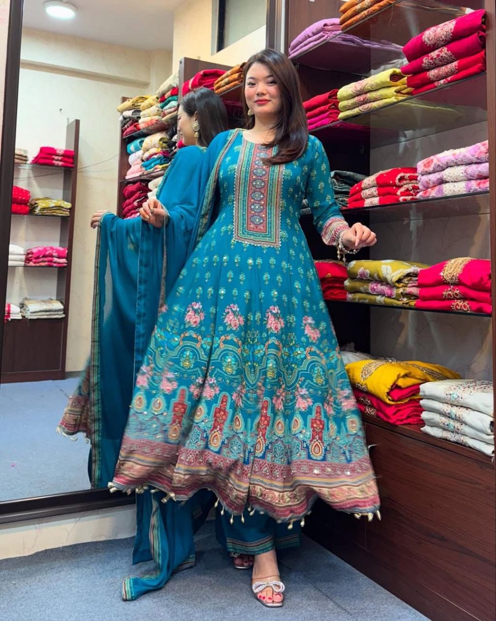 Quality latkan lace cotton blue anarkali suit