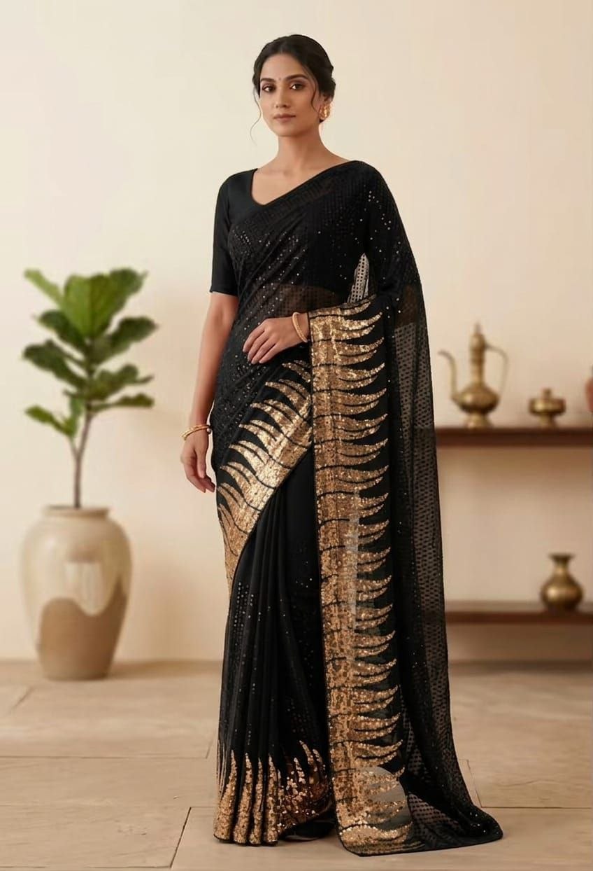 Blockbuster embroidery sequence georgette black saree