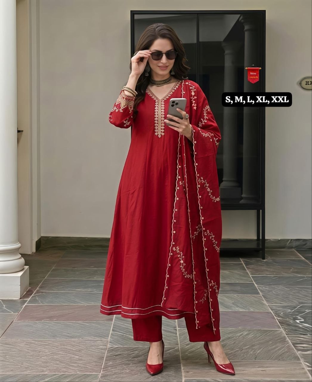 Arrival sequence embroidery vichitra silk red Kurt pant dupatta
