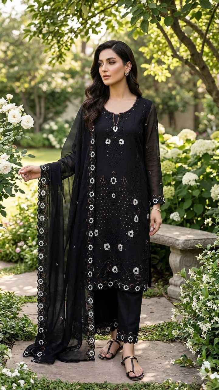 Authentic thread sequence silk black kurti pant dupatta