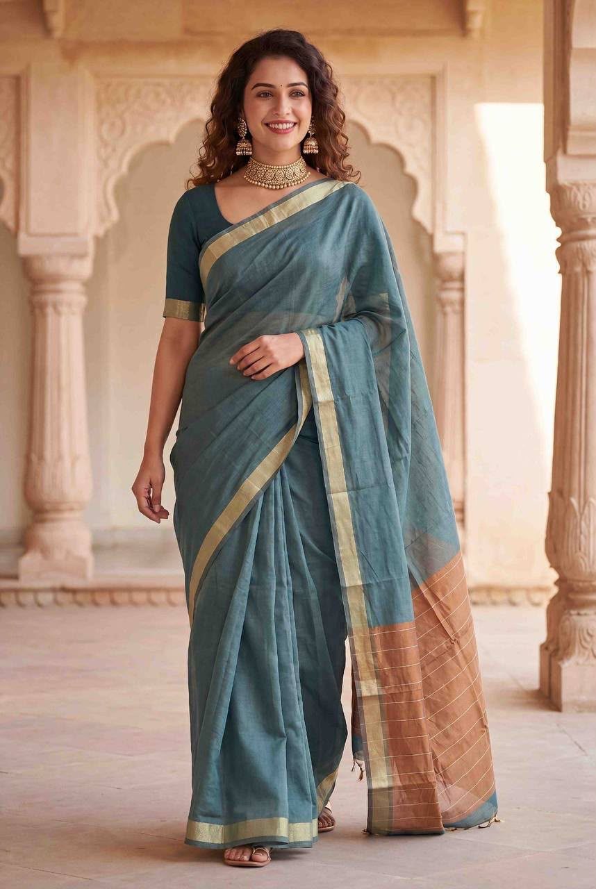 Newest weaving linen cotton blue saree