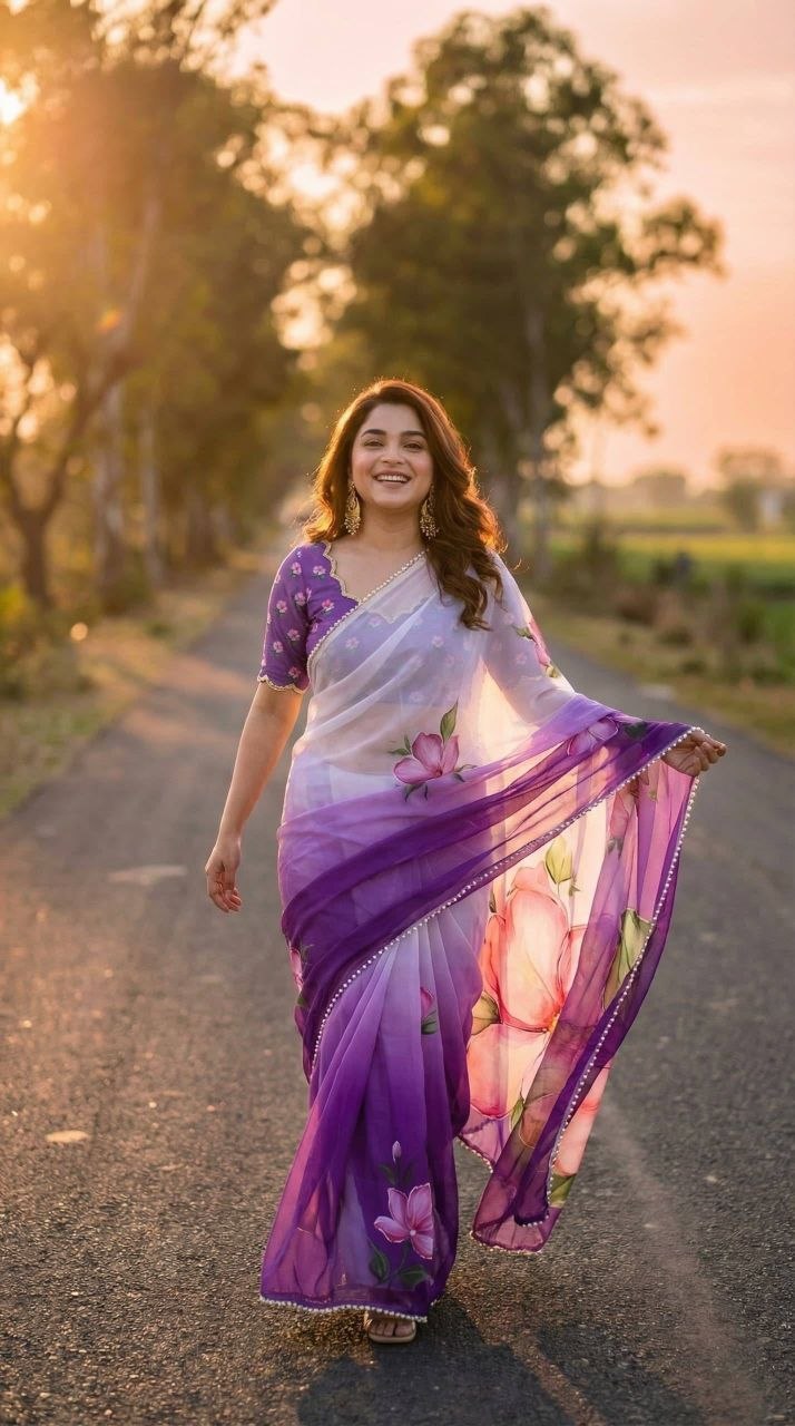 Quality digital print soft georgette purple saree